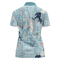 Blue Palaka Crane and Flowers Women Polo Shirt Japan Heritage Spirit - Polynesian Pride