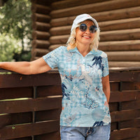 Blue Palaka Crane and Flowers Women Polo Shirt Japan Heritage Spirit - Polynesian Pride