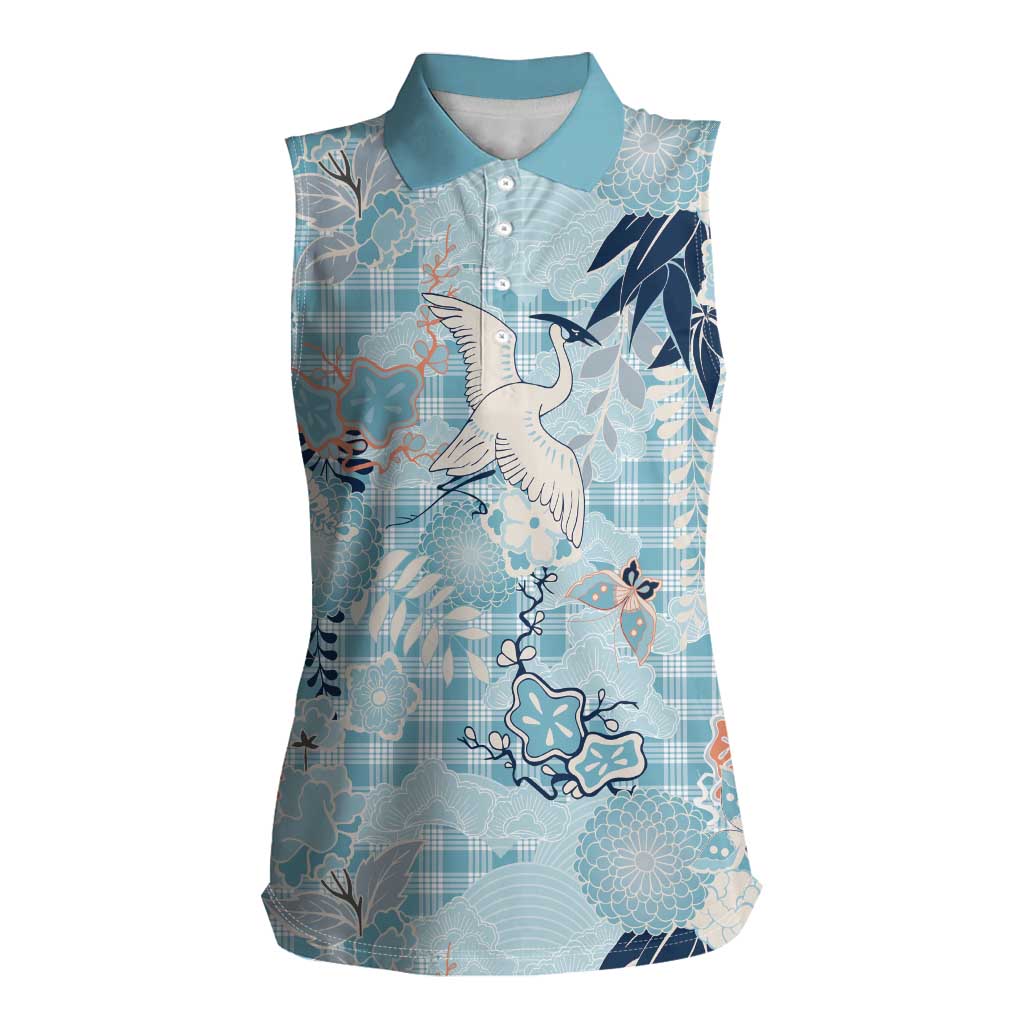 Blue Palaka Crane and Flowers Women Sleeveless Polo Shirt Japan Heritage Spirit - Polynesian Pride