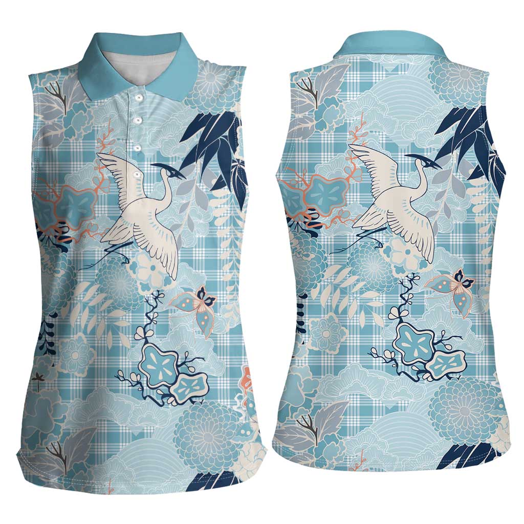Blue Palaka Crane and Flowers Women Sleeveless Polo Shirt Japan Heritage Spirit - Polynesian Pride