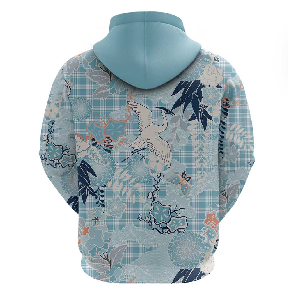 Blue Palaka Crane and Flowers Zip Hoodie Japan Heritage Spirit LT9 - Polynesian Pride