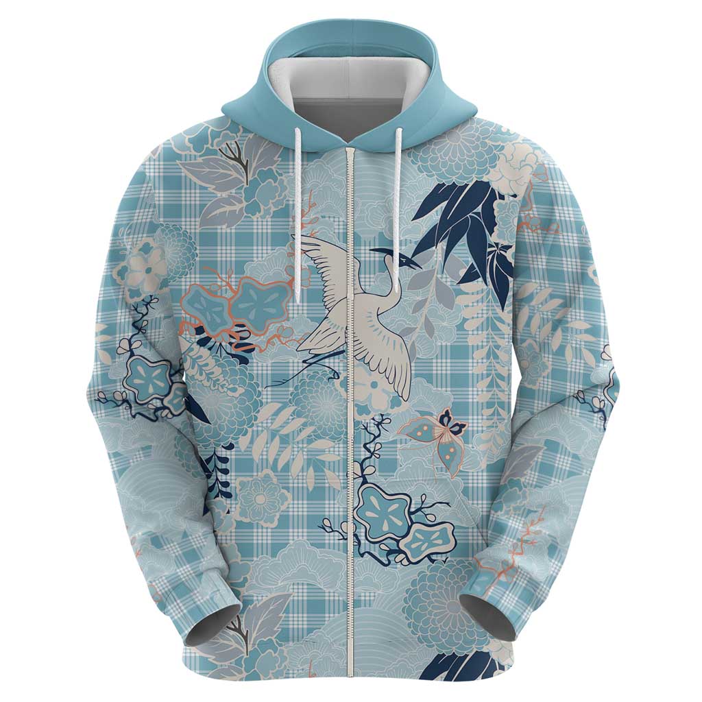 Blue Palaka Crane and Flowers Zip Hoodie Japan Heritage Spirit LT9 - Polynesian Pride