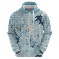 Blue Palaka Crane and Flowers Zip Hoodie Japan Heritage Spirit LT9 - Polynesian Pride