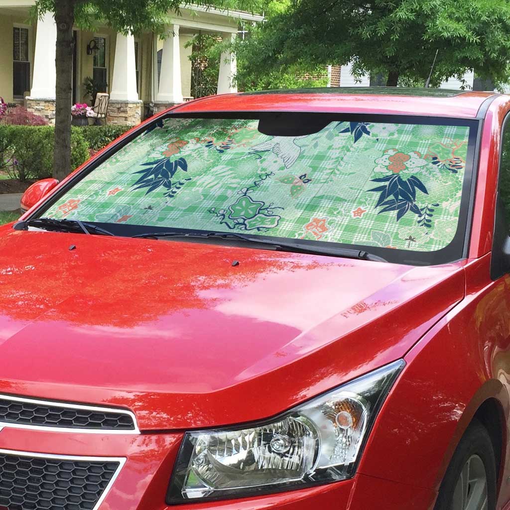 Green Palaka Crane and Flowers Auto Sun Shade Japan Heritage Spirit - Polynesian Pride