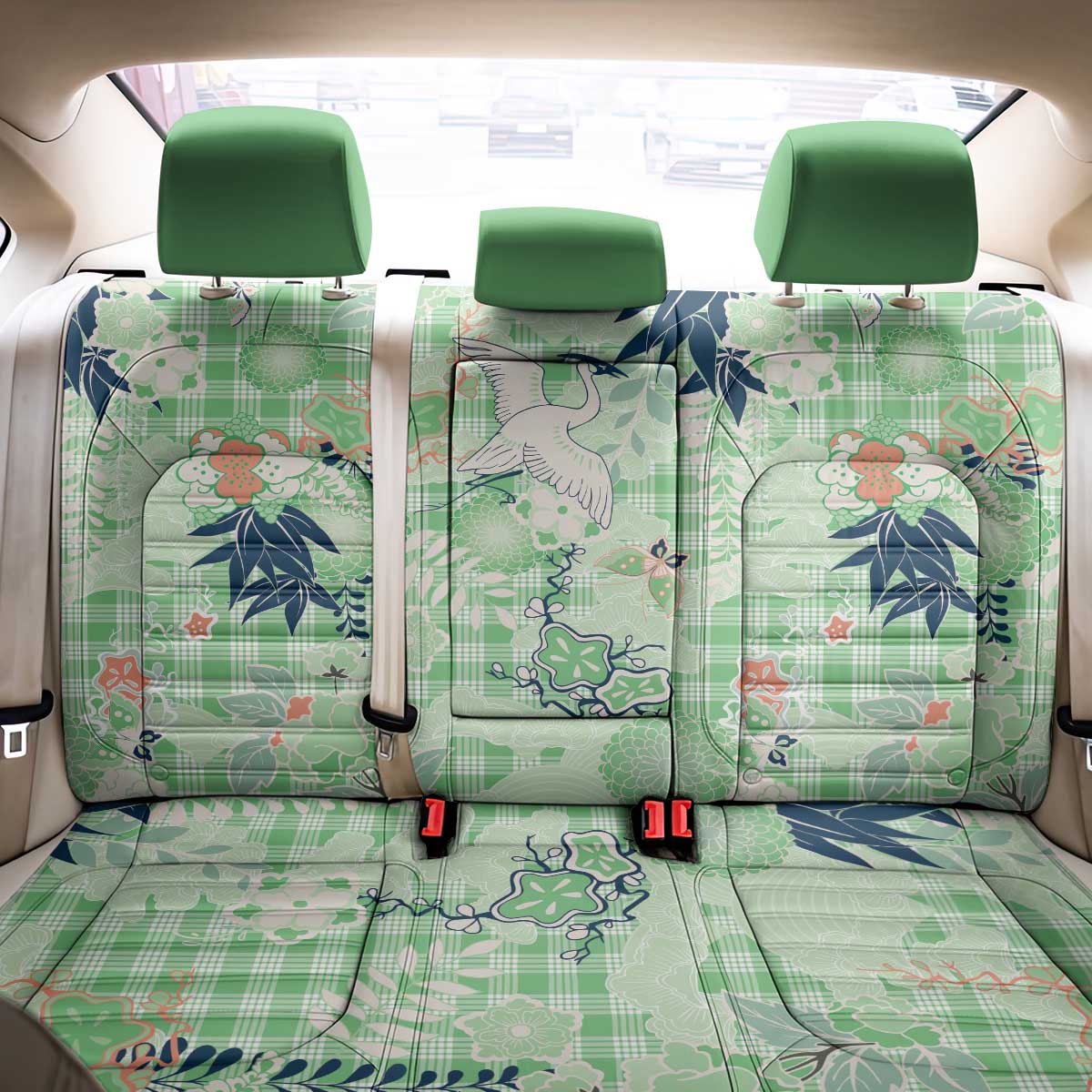 Green Palaka Crane and Flowers Back Car Seat Cover Japan Heritage Spirit - Polynesian Pride