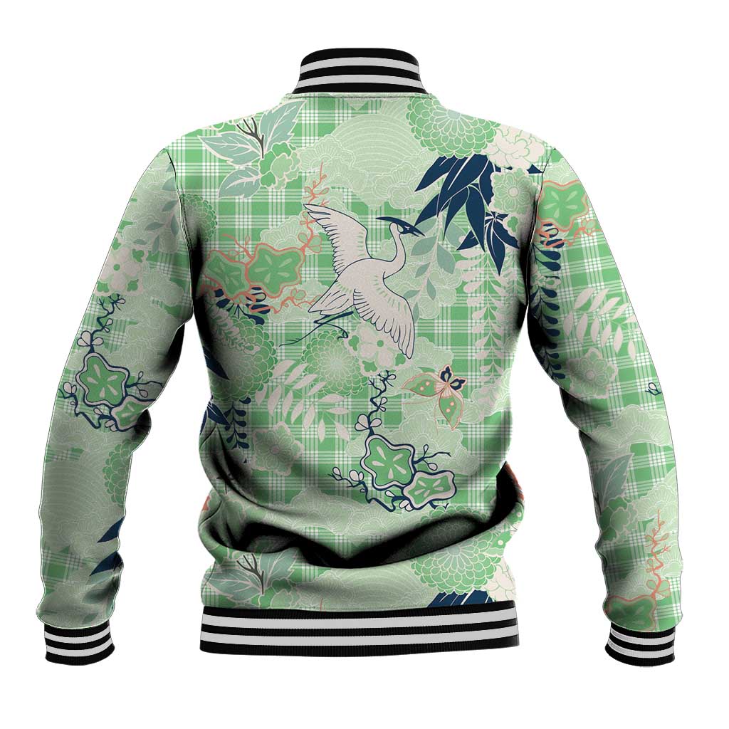 Green Palaka Crane and Flowers Baseball Jacket Japan Heritage Spirit - Polynesian Pride