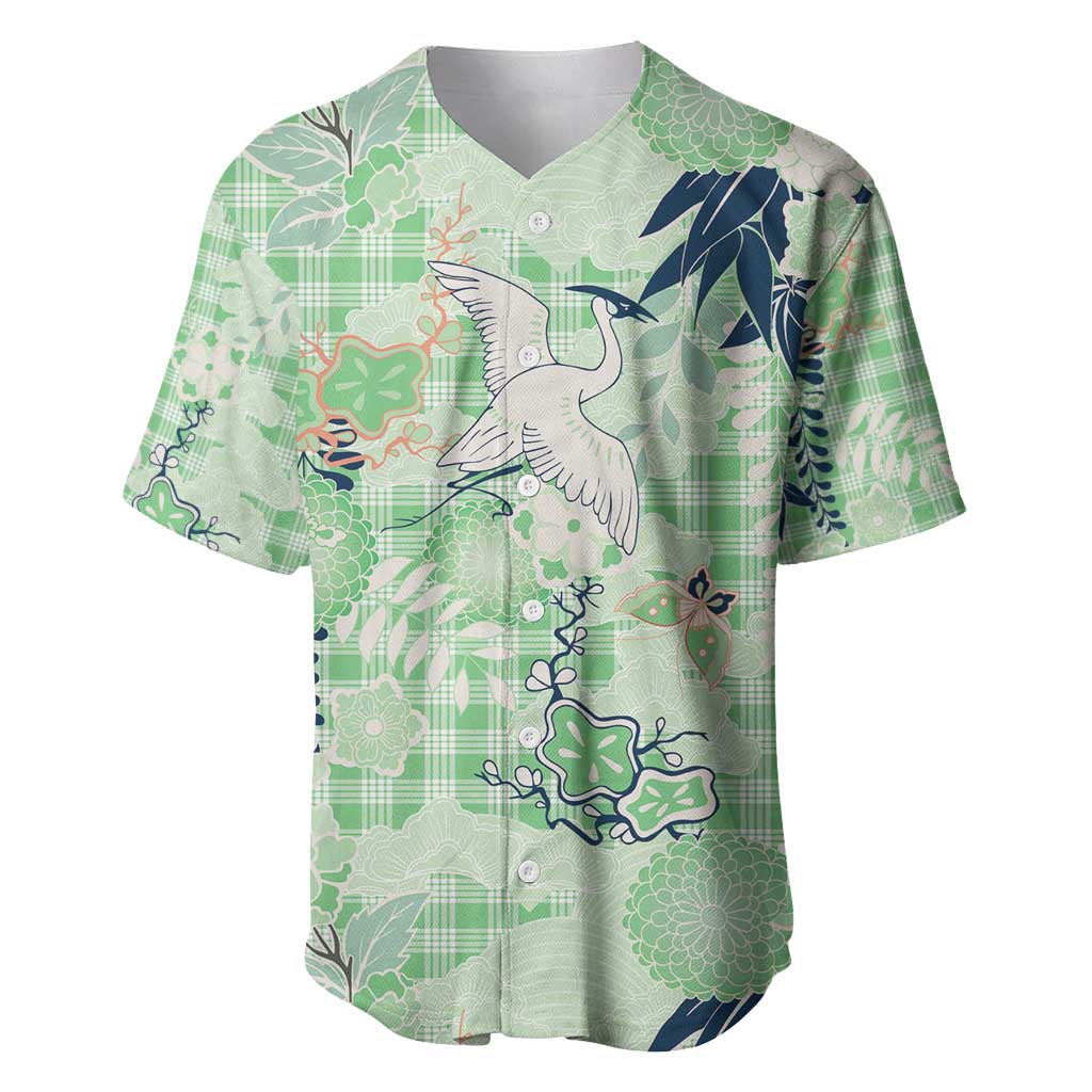 Green Palaka Crane and Flowers Baseball Jersey Japan Heritage Spirit LT9 Green - Polynesian Pride
