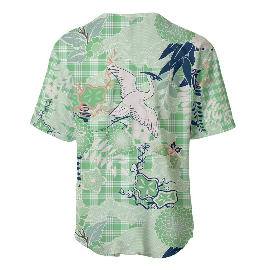Green Palaka Crane and Flowers Baseball Jersey Japan Heritage Spirit LT9 - Polynesian Pride