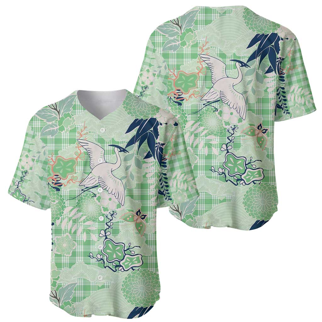 Green Palaka Crane and Flowers Baseball Jersey Japan Heritage Spirit LT9 - Polynesian Pride