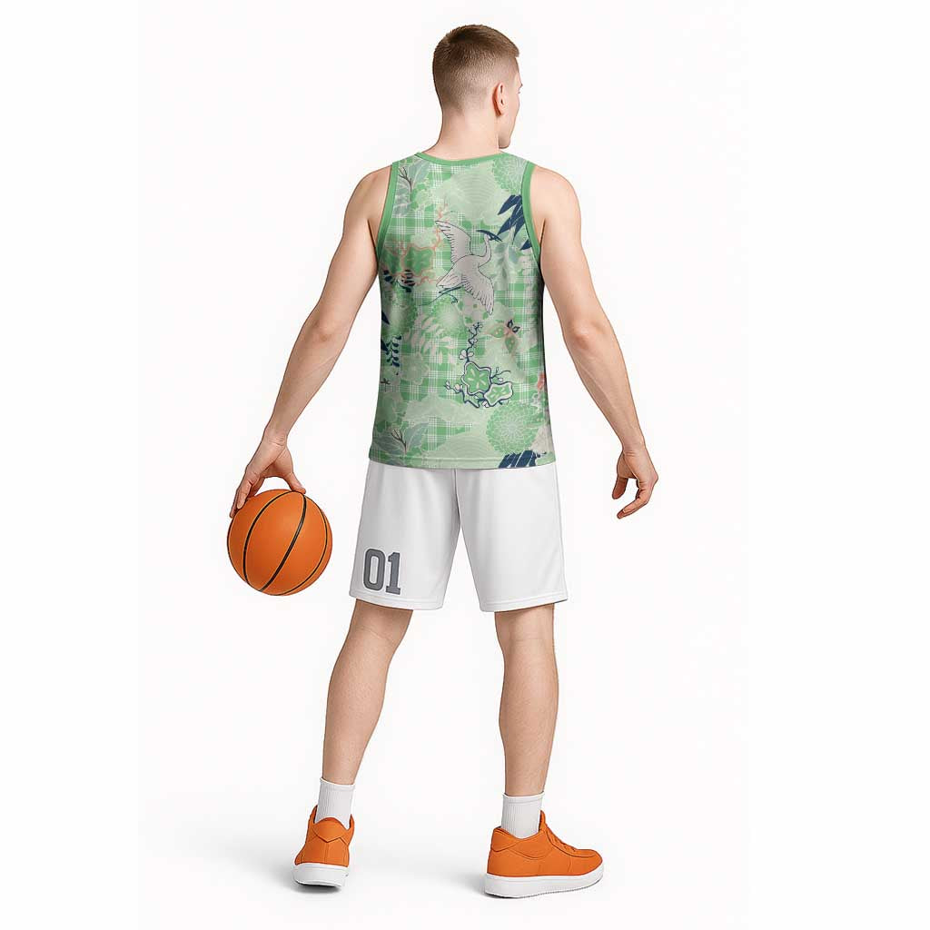 Green Palaka Crane and Flowers Basketball Jersey Japan Heritage Spirit - Polynesian Pride