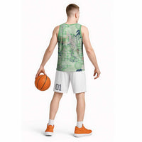 Green Palaka Crane and Flowers Basketball Jersey Japan Heritage Spirit - Polynesian Pride