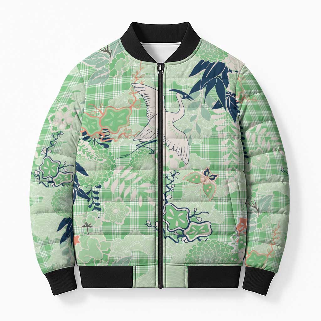 Green Palaka Crane and Flowers Bomber Puffer Jacket Japan Heritage Spirit - Polynesian Pride