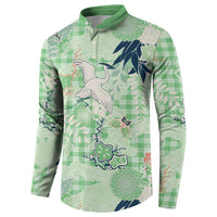 Green Palaka Crane and Flowers Button Sweatshirt Japan Heritage Spirit - Polynesian Pride