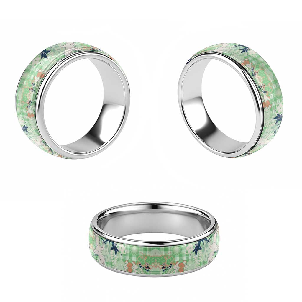 Green Palaka Crane and Flowers Classic Ring Japan Heritage Spirit - Polynesian Pride