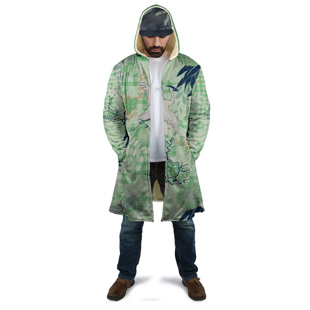 Green Palaka Crane and Flowers Cloak Japan Heritage Spirit - Polynesian Pride