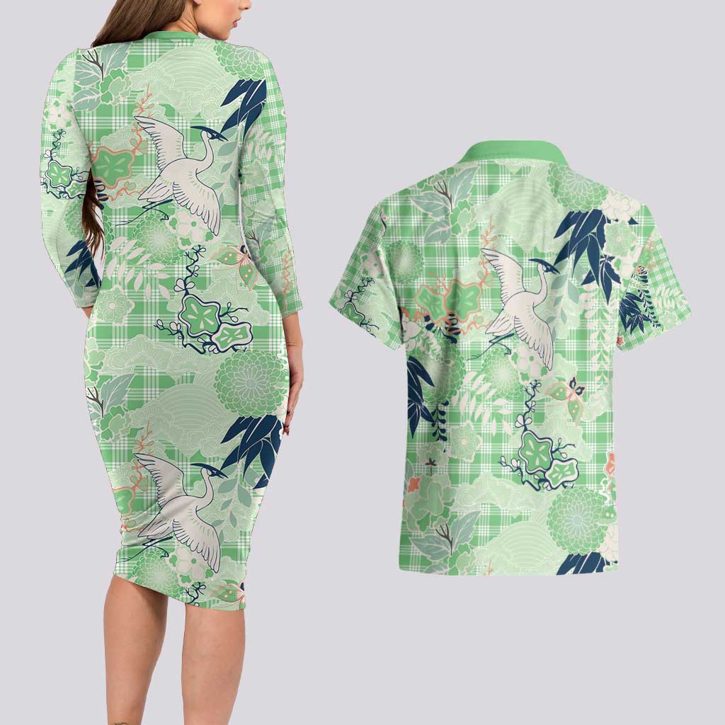 Green Palaka Crane and Flowers Couples Matching Long Sleeve Bodycon Dress and Hawaiian Shirt Japan Heritage Spirit - Polynesian Pride