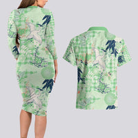 Green Palaka Crane and Flowers Couples Matching Long Sleeve Bodycon Dress and Hawaiian Shirt Japan Heritage Spirit - Polynesian Pride