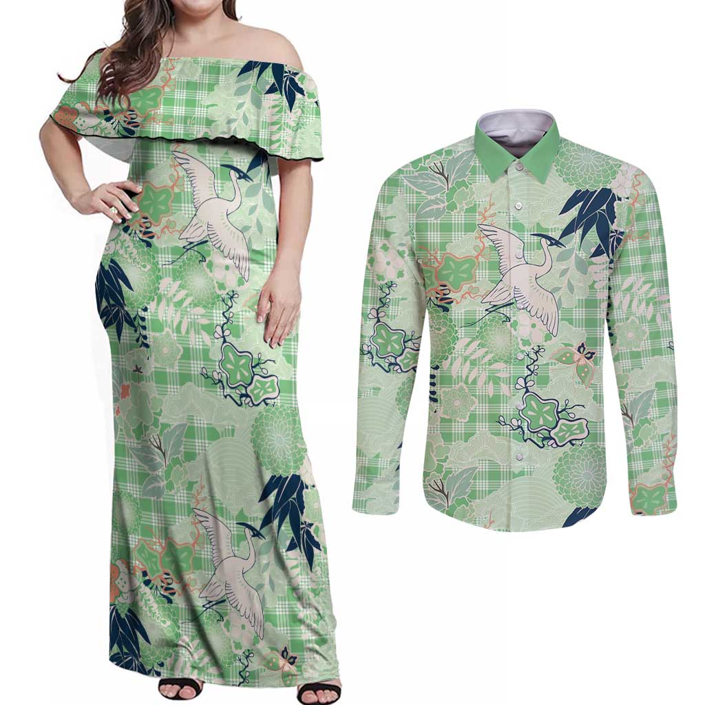 Green Palaka Crane and Flowers Couples Matching Off Shoulder Maxi Dress and Long Sleeve Button Shirt Japan Heritage Spirit - Polynesian Pride