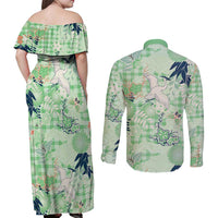 Green Palaka Crane and Flowers Couples Matching Off Shoulder Maxi Dress and Long Sleeve Button Shirt Japan Heritage Spirit - Polynesian Pride