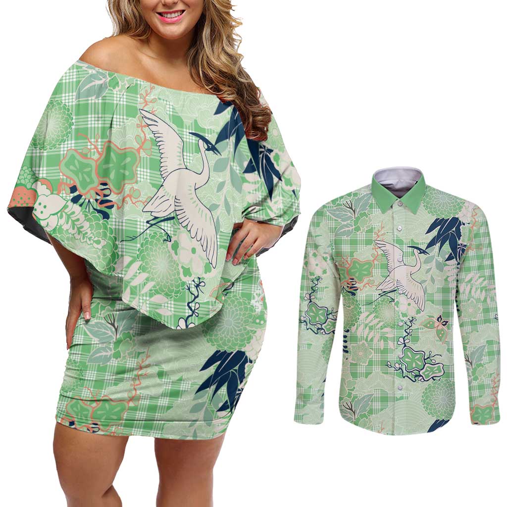 Green Palaka Crane and Flowers Couples Matching Off Shoulder Short Dress and Long Sleeve Button Shirt Japan Heritage Spirit - Polynesian Pride