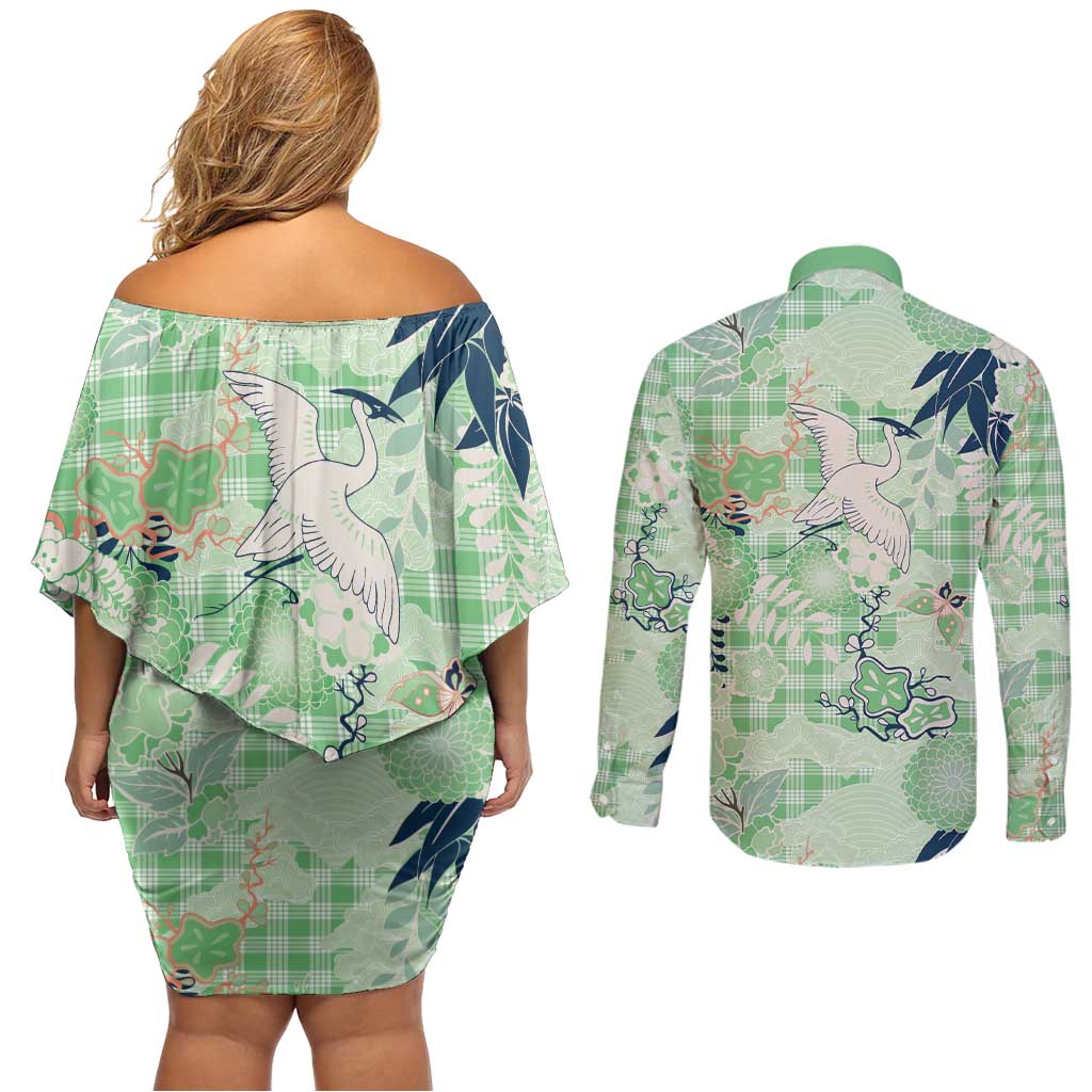 Green Palaka Crane and Flowers Couples Matching Off Shoulder Short Dress and Long Sleeve Button Shirt Japan Heritage Spirit - Polynesian Pride