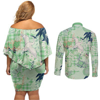 Green Palaka Crane and Flowers Couples Matching Off Shoulder Short Dress and Long Sleeve Button Shirt Japan Heritage Spirit - Polynesian Pride