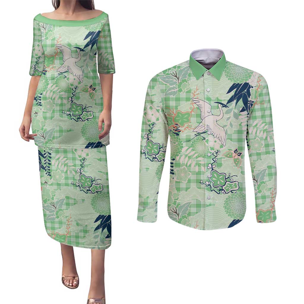 Green Palaka Crane and Flowers Couples Matching Puletasi and Long Sleeve Button Shirt Japan Heritage Spirit - Polynesian Pride