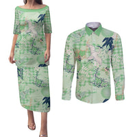 Green Palaka Crane and Flowers Couples Matching Puletasi and Long Sleeve Button Shirt Japan Heritage Spirit - Polynesian Pride