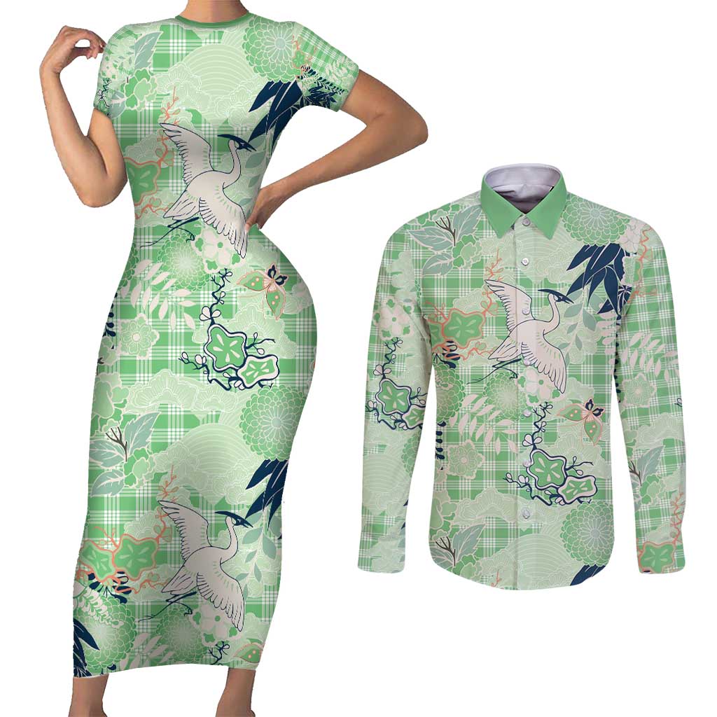 Green Palaka Crane and Flowers Couples Matching Short Sleeve Bodycon Dress and Long Sleeve Button Shirt Japan Heritage Spirit - Polynesian Pride