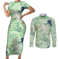 Green Palaka Crane and Flowers Couples Matching Short Sleeve Bodycon Dress and Long Sleeve Button Shirt Japan Heritage Spirit - Polynesian Pride
