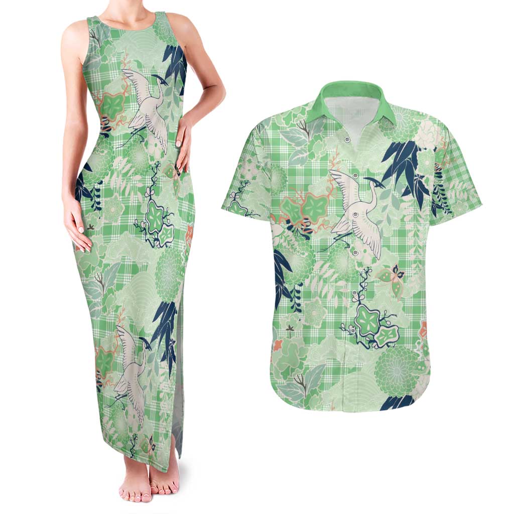 Green Palaka Crane and Flowers Couples Matching Tank Maxi Dress and Hawaiian Shirt Japan Heritage Spirit - Polynesian Pride