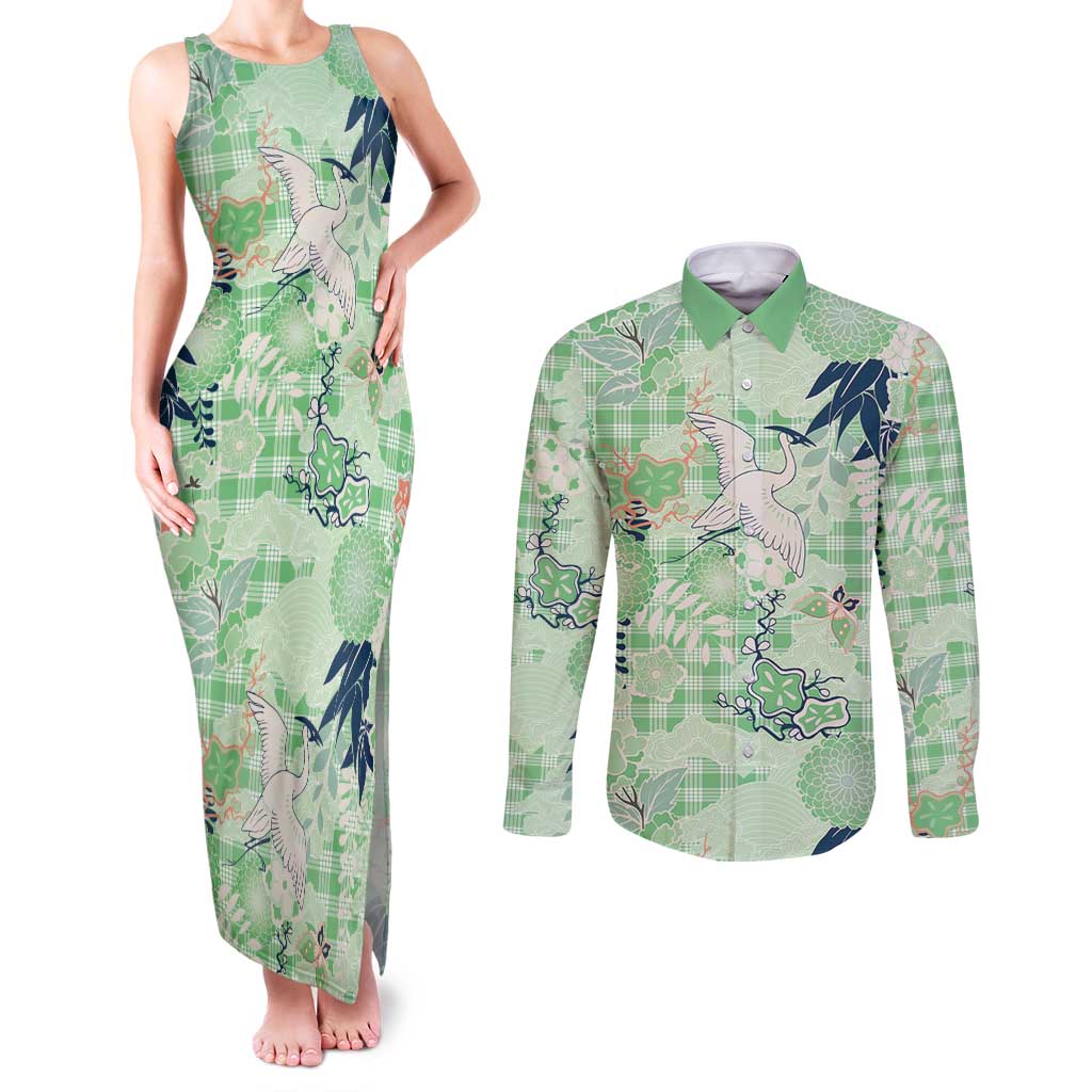 Green Palaka Crane and Flowers Couples Matching Tank Maxi Dress and Long Sleeve Button Shirt Japan Heritage Spirit - Polynesian Pride