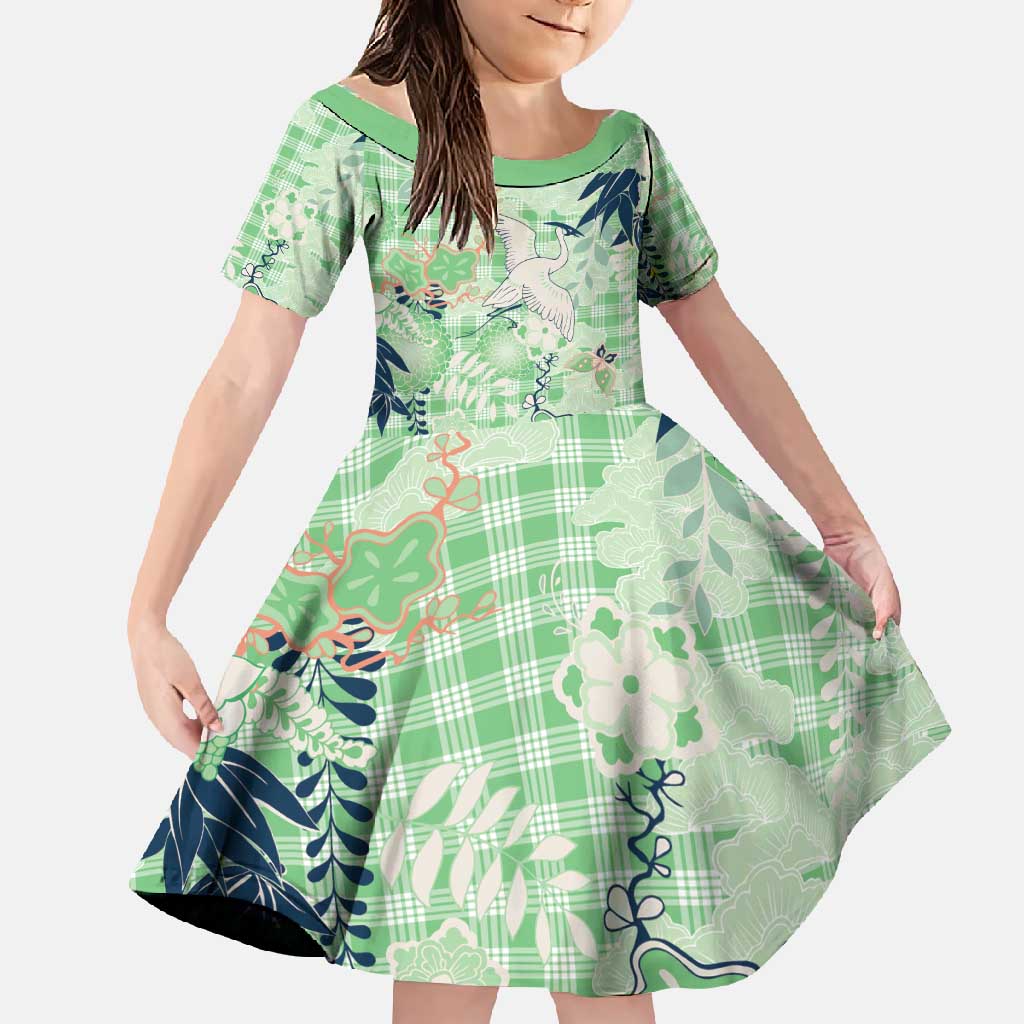 Green Palaka Crane and Flowers Family Matching Long Sleeve Bodycon Dress and Hawaiian Shirt Japan Heritage Spirit LT9 Daughter's Dress Green - Polynesian Pride