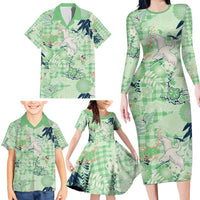 Green Palaka Crane and Flowers Family Matching Long Sleeve Bodycon Dress and Hawaiian Shirt Japan Heritage Spirit LT9 - Polynesian Pride