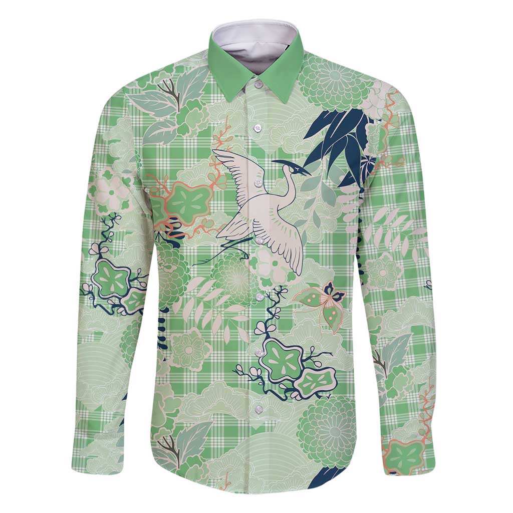 Green Palaka Crane and Flowers Family Matching Long Sleeve Bodycon Dress and Hawaiian Shirt Japan Heritage Spirit LT9 Dad's Shirt - Long Sleeve Green - Polynesian Pride