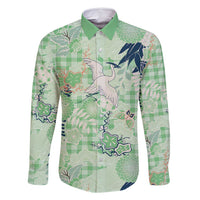 Green Palaka Crane and Flowers Family Matching Long Sleeve Bodycon Dress and Hawaiian Shirt Japan Heritage Spirit LT9 Dad's Shirt - Long Sleeve Green - Polynesian Pride