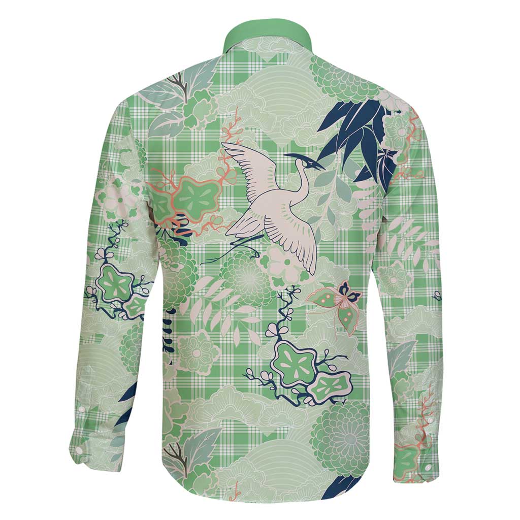 Green Palaka Crane and Flowers Family Matching Long Sleeve Bodycon Dress and Hawaiian Shirt Japan Heritage Spirit LT9 - Polynesian Pride