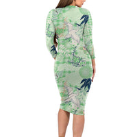 Green Palaka Crane and Flowers Family Matching Long Sleeve Bodycon Dress and Hawaiian Shirt Japan Heritage Spirit LT9 - Polynesian Pride