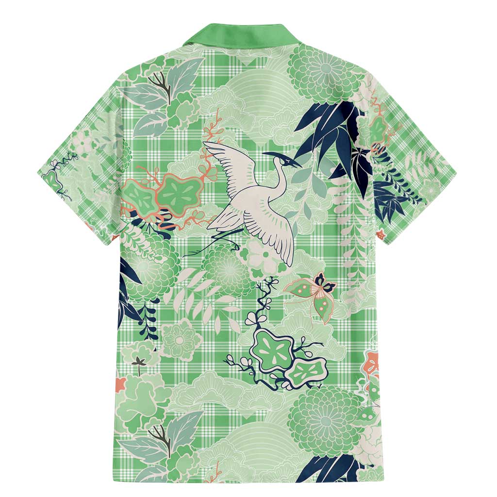Green Palaka Crane and Flowers Family Matching Mermaid Dress and Hawaiian Shirt Japan Heritage Spirit - Polynesian Pride