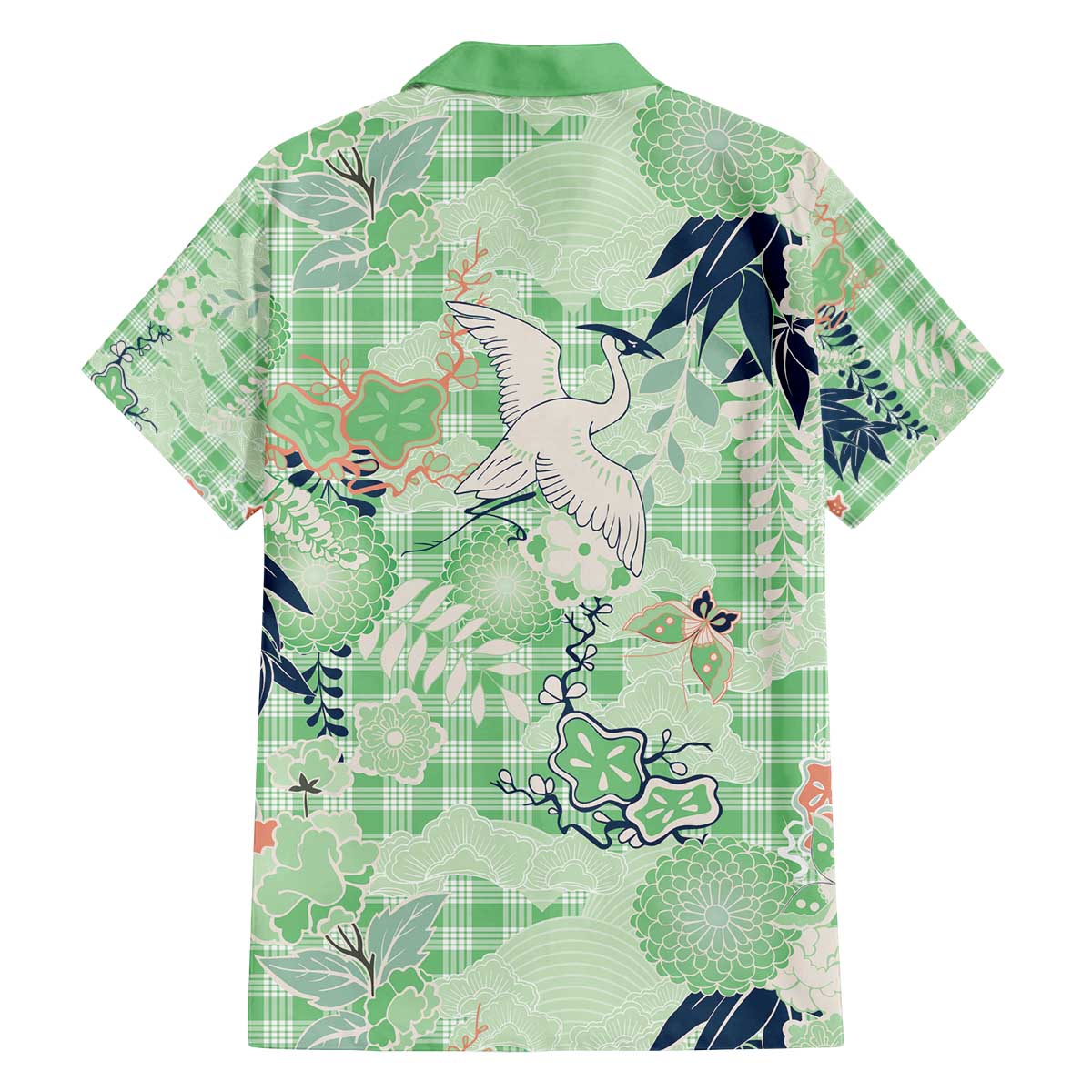 Green Palaka Crane and Flowers Family Matching Off The Shoulder Long Sleeve Dress and Hawaiian Shirt Japan Heritage Spirit - Polynesian Pride
