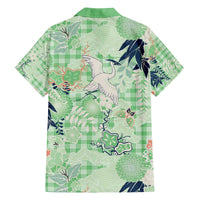 Green Palaka Crane and Flowers Family Matching Off The Shoulder Long Sleeve Dress and Hawaiian Shirt Japan Heritage Spirit - Polynesian Pride