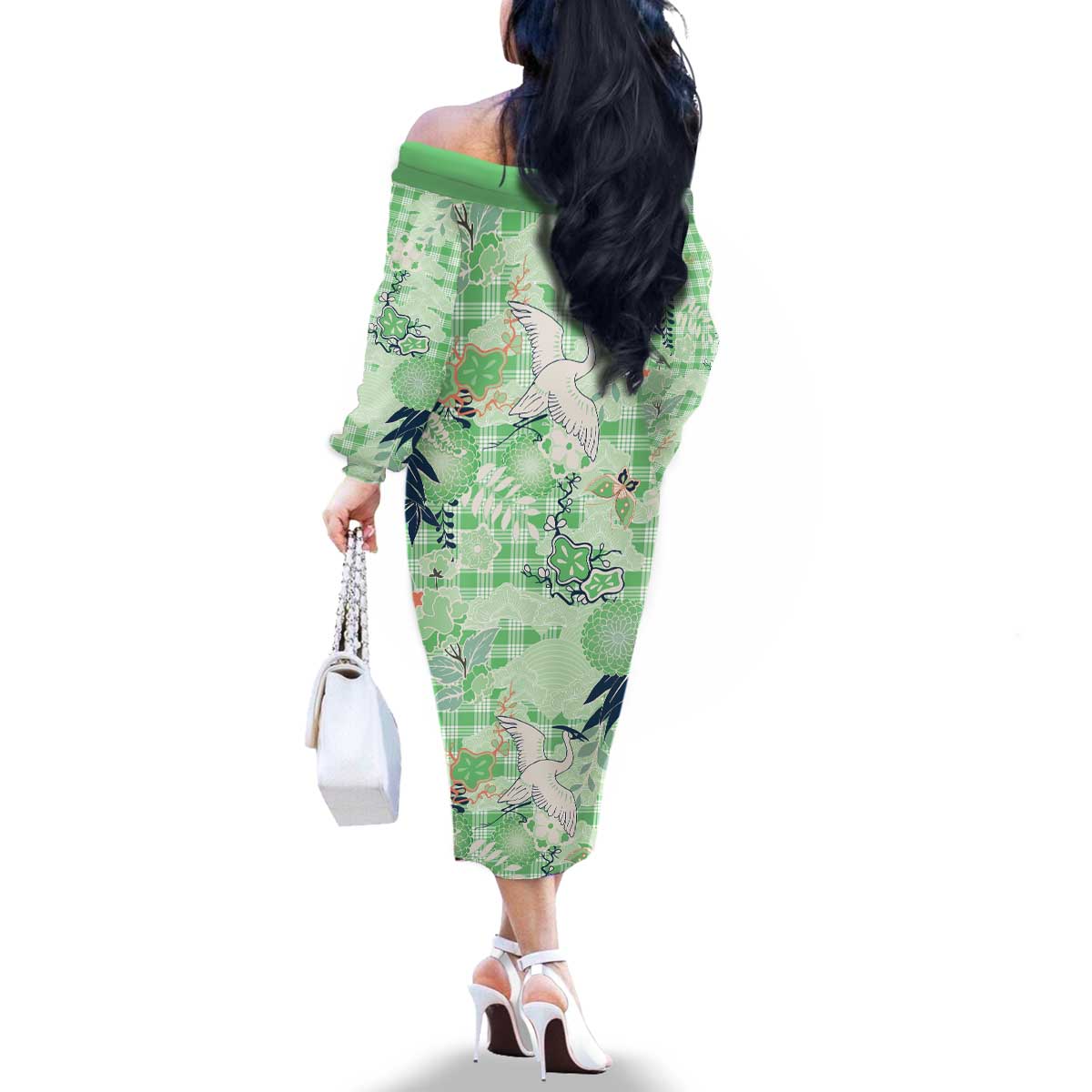 Green Palaka Crane and Flowers Family Matching Off The Shoulder Long Sleeve Dress and Hawaiian Shirt Japan Heritage Spirit - Polynesian Pride