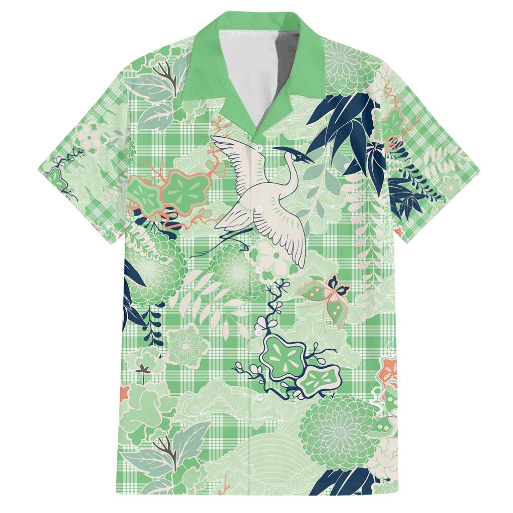 Green Palaka Crane and Flowers Family Matching Off Shoulder Maxi Dress and Hawaiian Shirt Japan Heritage Spirit - Polynesian Pride
