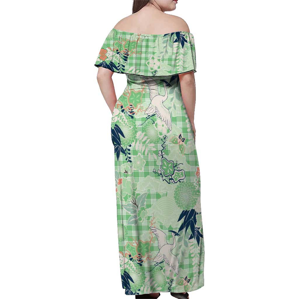 Green Palaka Crane and Flowers Family Matching Off Shoulder Maxi Dress and Hawaiian Shirt Japan Heritage Spirit - Polynesian Pride