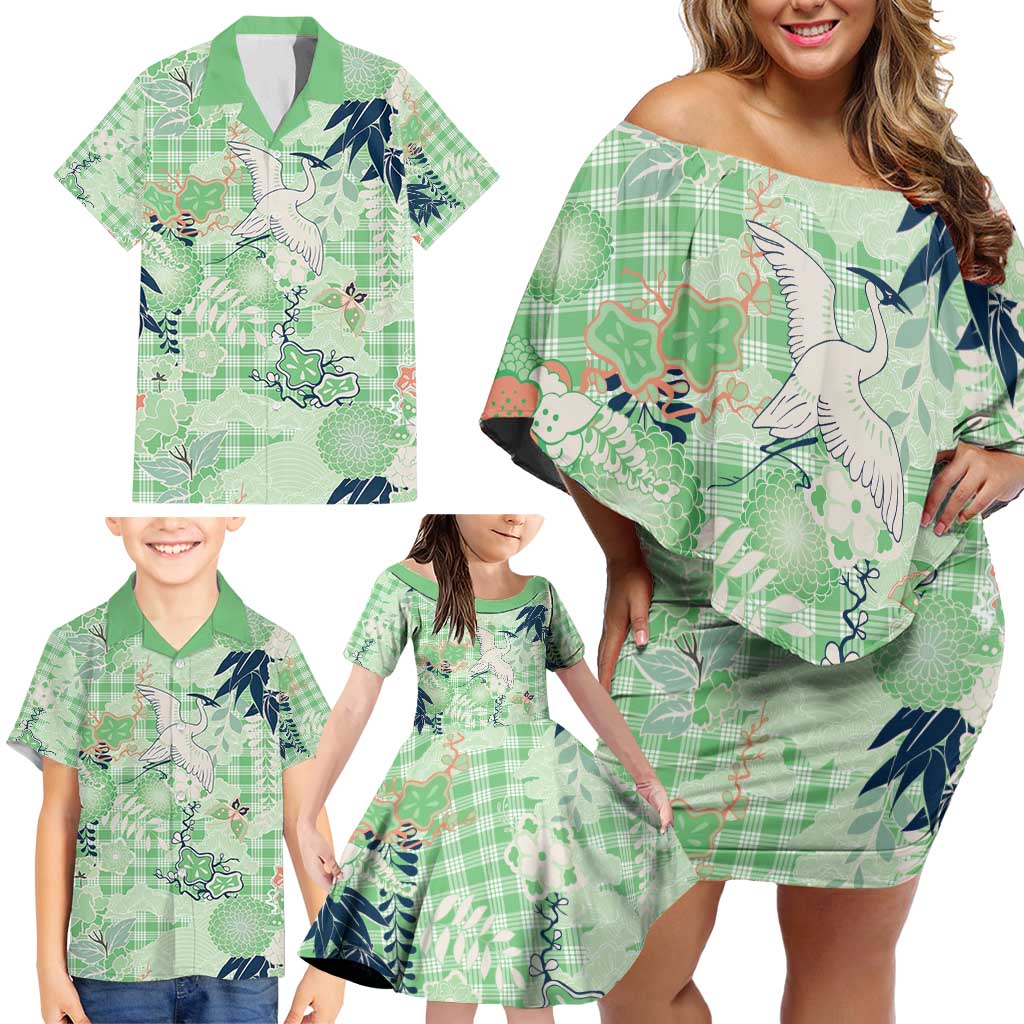 Green Palaka Crane and Flowers Family Matching Off Shoulder Short Dress and Hawaiian Shirt Japan Heritage Spirit - Polynesian Pride