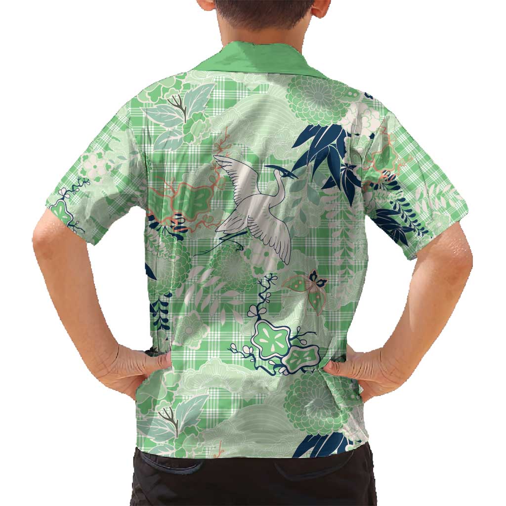 Green Palaka Crane and Flowers Family Matching Puletasi and Hawaiian Shirt Japan Heritage Spirit LT9 - Polynesian Pride