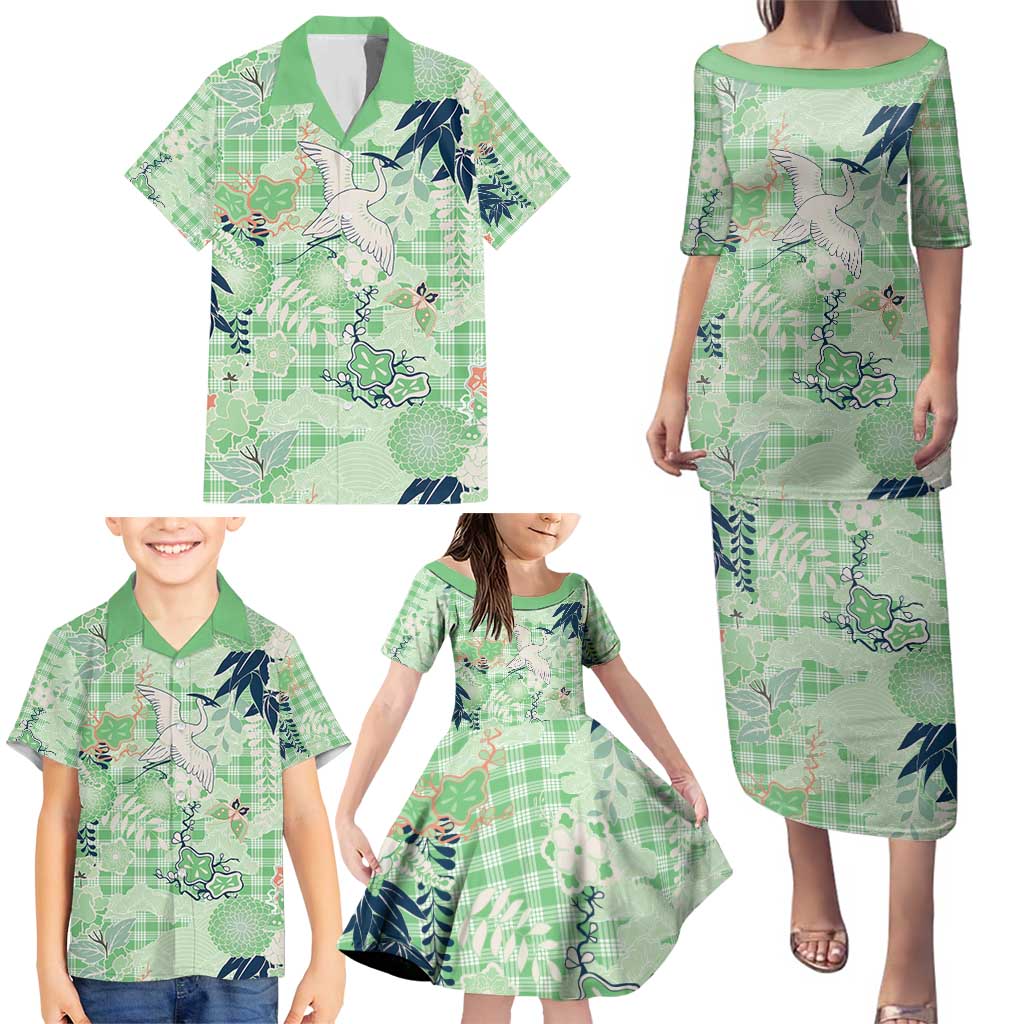 Green Palaka Crane and Flowers Family Matching Puletasi and Hawaiian Shirt Japan Heritage Spirit - Polynesian Pride