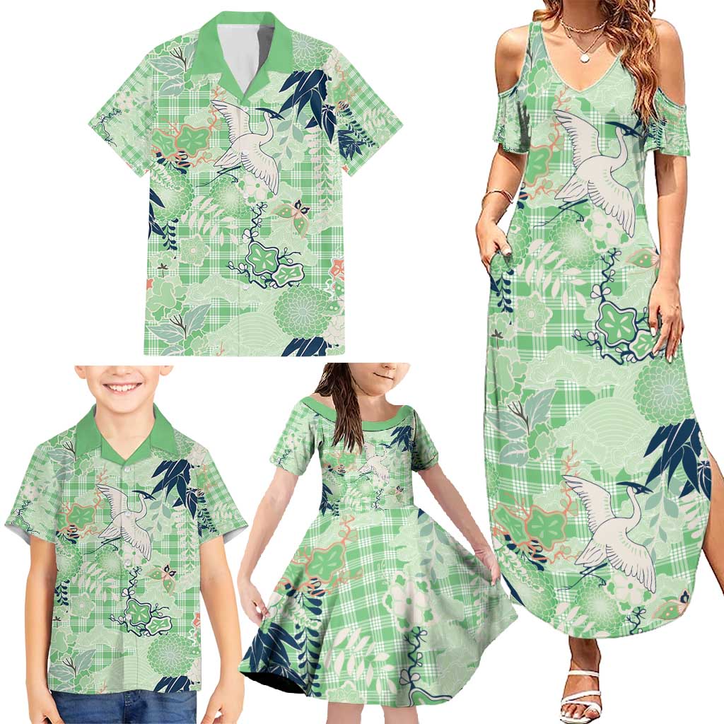 Green Palaka Crane and Flowers Family Matching Summer Maxi Dress and Hawaiian Shirt Japan Heritage Spirit - Polynesian Pride