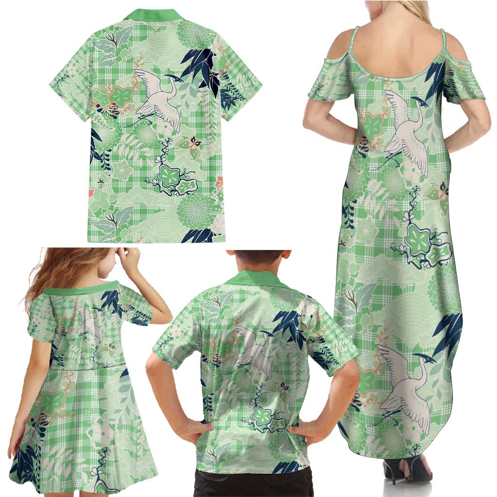 Green Palaka Crane and Flowers Family Matching Summer Maxi Dress and Hawaiian Shirt Japan Heritage Spirit - Polynesian Pride