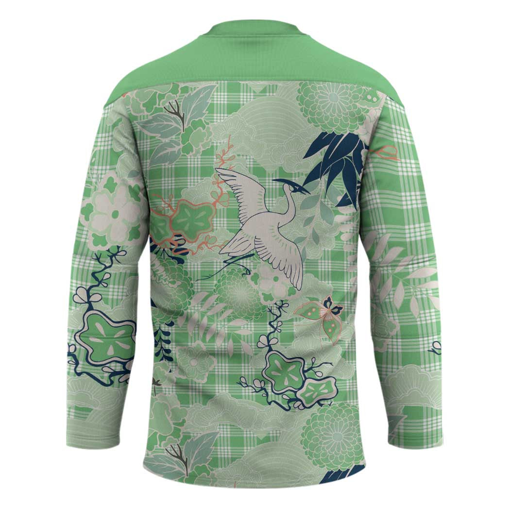 Green Palaka Crane and Flowers Hockey Jersey Japan Heritage Spirit LT9 - Polynesian Pride